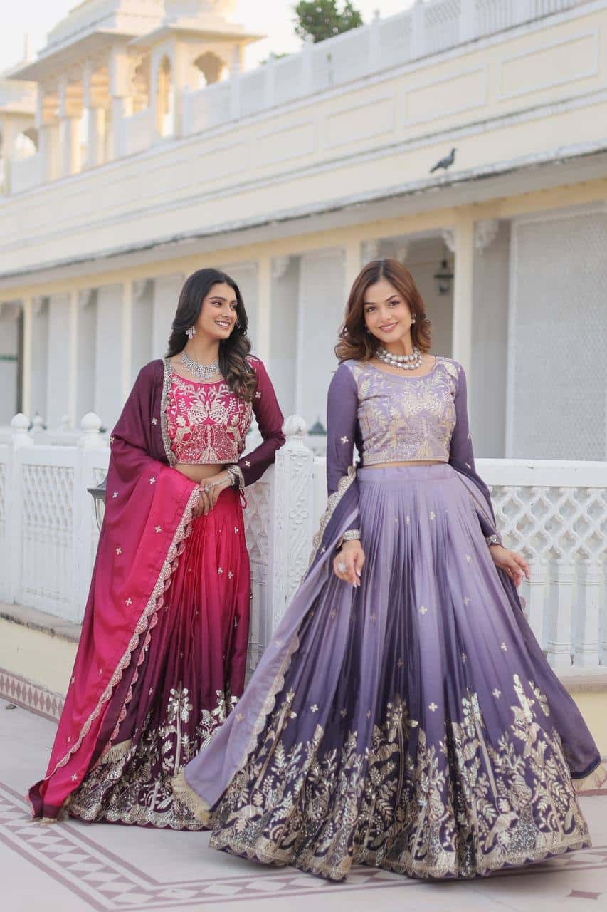 Women's designer Chinnon silk handwork choli lehenga with dupatta sets