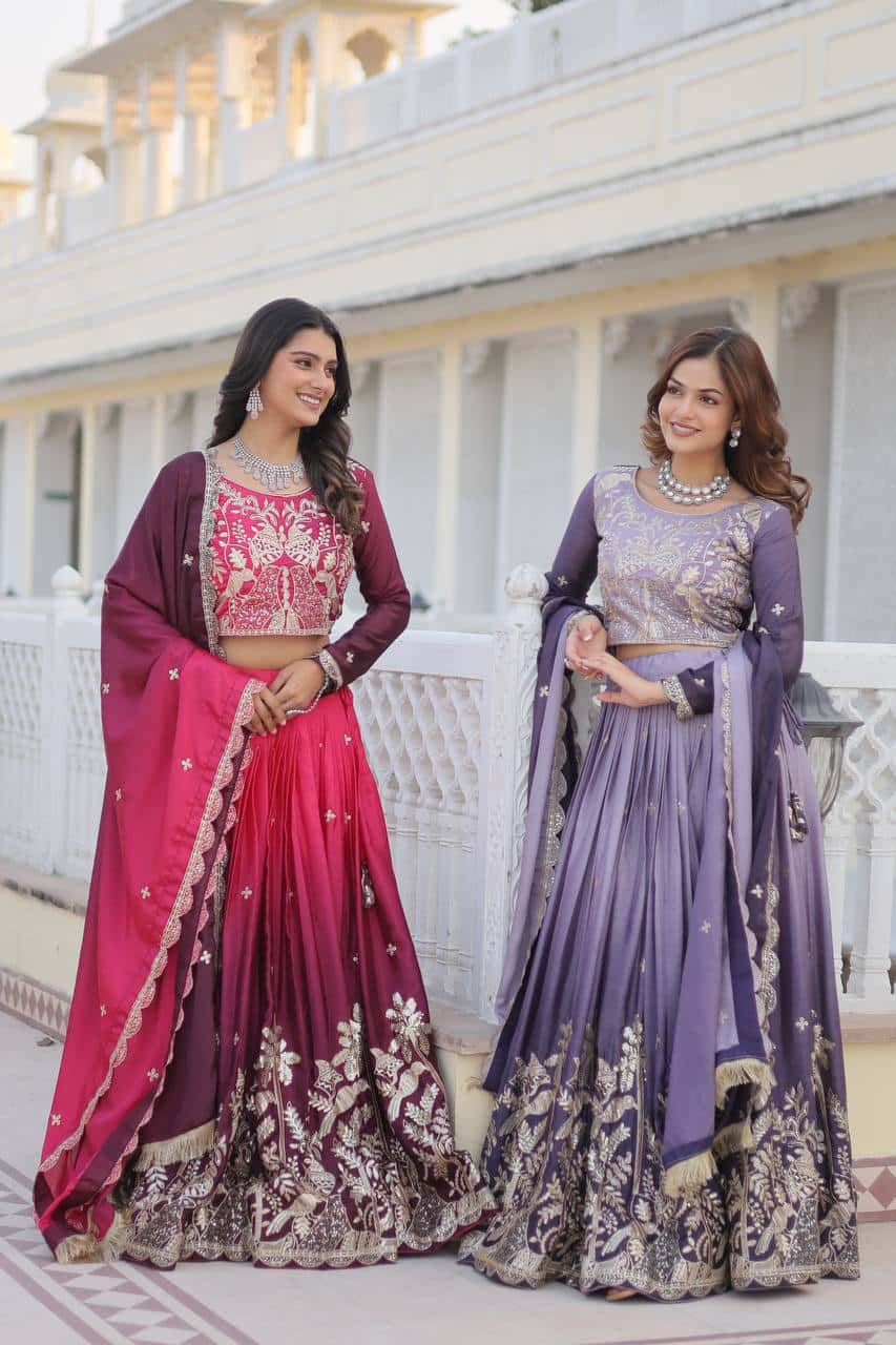 Women's designer Chinnon silk handwork choli lehenga with dupatta sets
