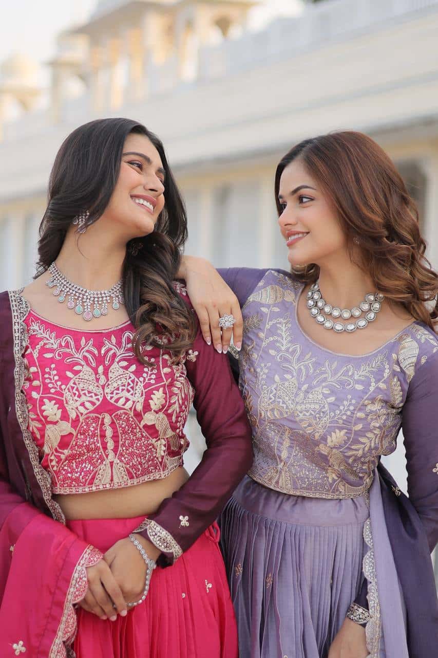 Women's designer Chinnon silk handwork choli lehenga with dupatta sets