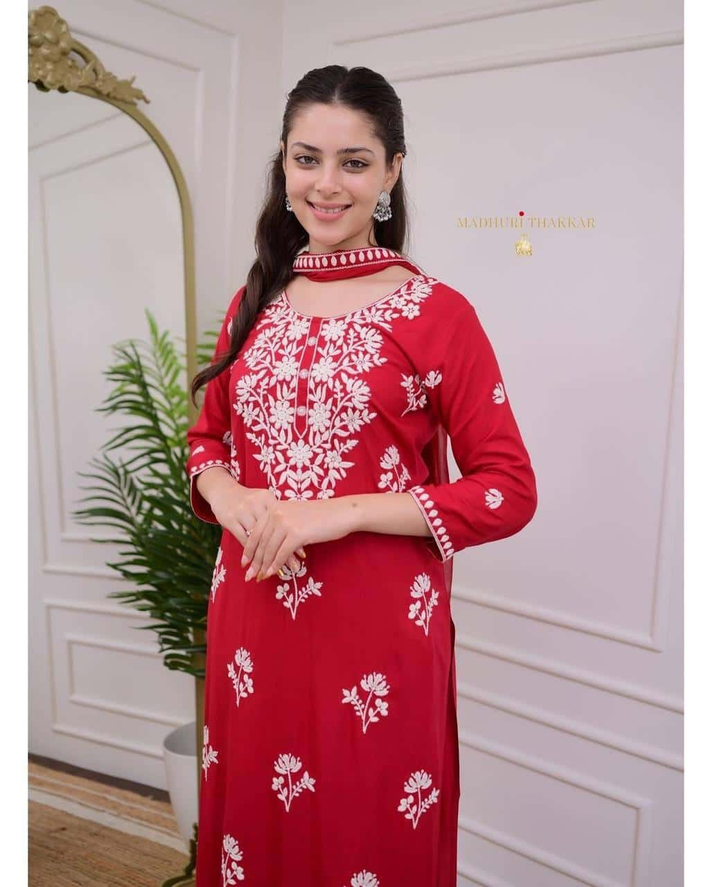 Hand embroidered rayon kurta pant with dupatta sets