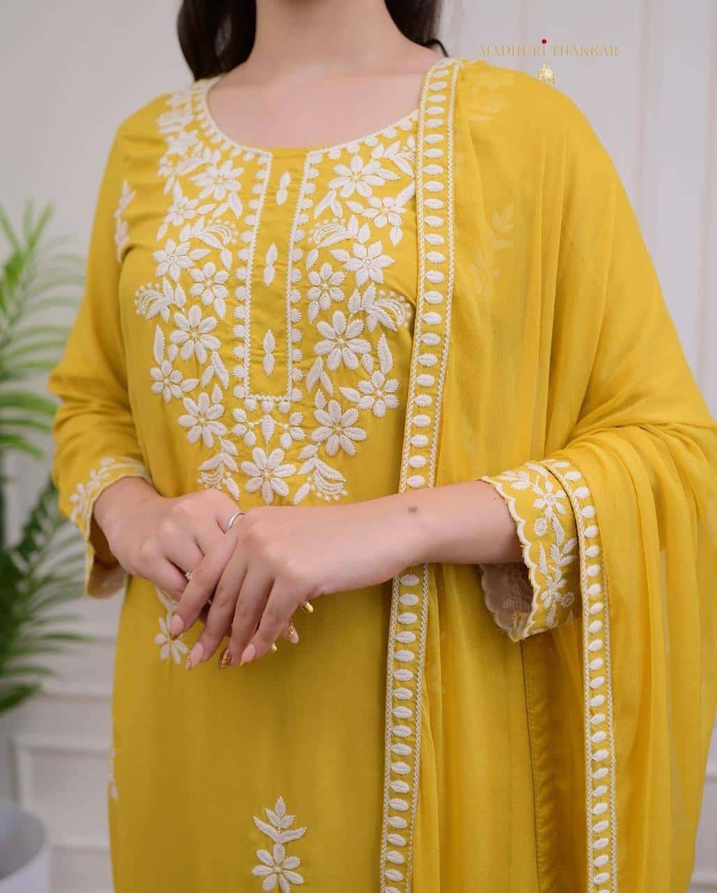 Hand embroidered rayon kurta pant with dupatta sets