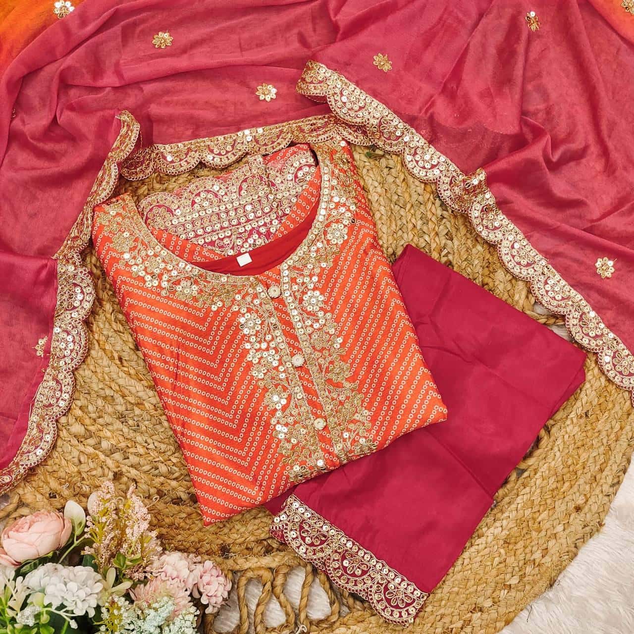 Bandhani print traditional chinnon silk kurta pant with dupatta sets