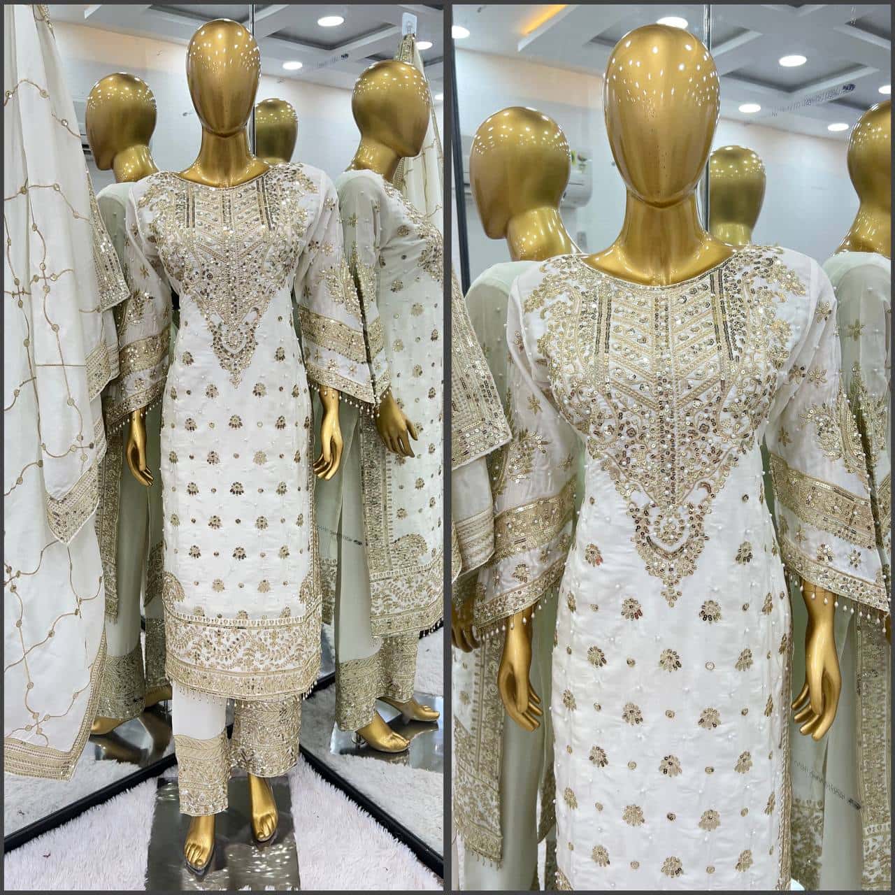 New Collection In heavy Chinnon With Heavy Embroidery Sequence Work Top-Bottom And Dupatta Set Fully Stitched Ready To Wear