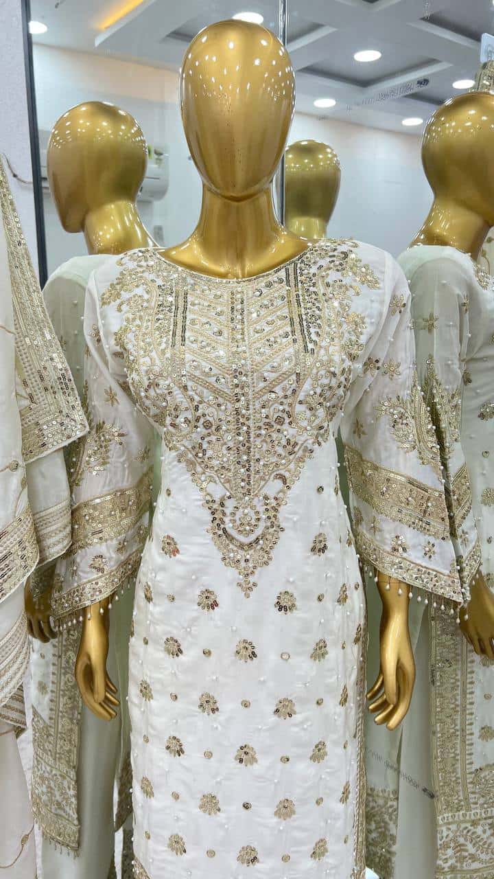 New Collection In heavy Chinnon With Heavy Embroidery Sequence Work Top-Bottom And Dupatta Set Fully Stitched Ready To Wear