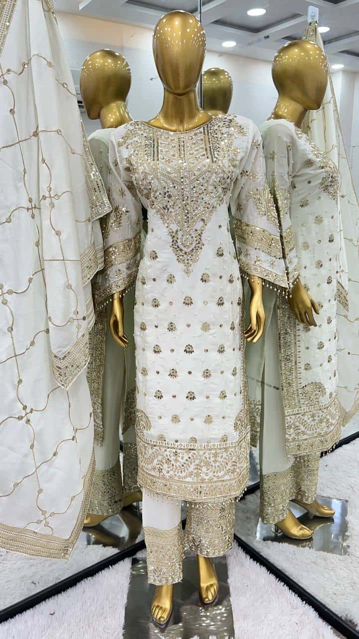New Collection In heavy Chinnon With Heavy Embroidery Sequence Work Top-Bottom And Dupatta Set Fully Stitched Ready To Wear