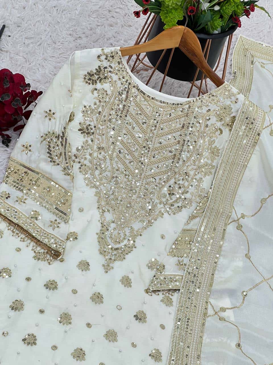 New Collection In heavy Chinnon With Heavy Embroidery Sequence Work Top-Bottom And Dupatta Set Fully Stitched Ready To Wear