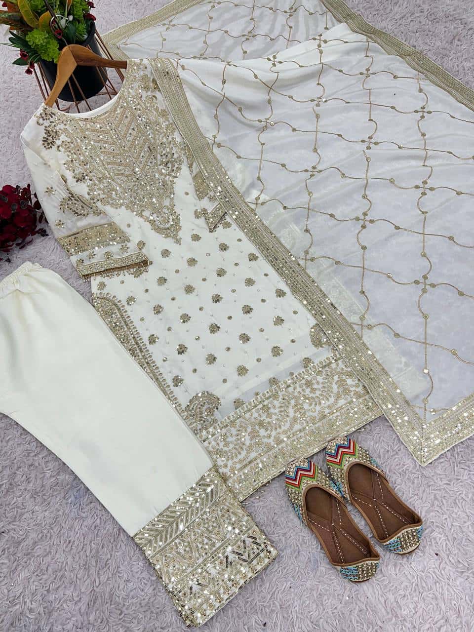 New Collection In heavy Chinnon With Heavy Embroidery Sequence Work Top-Bottom And Dupatta Set Fully Stitched Ready To Wear