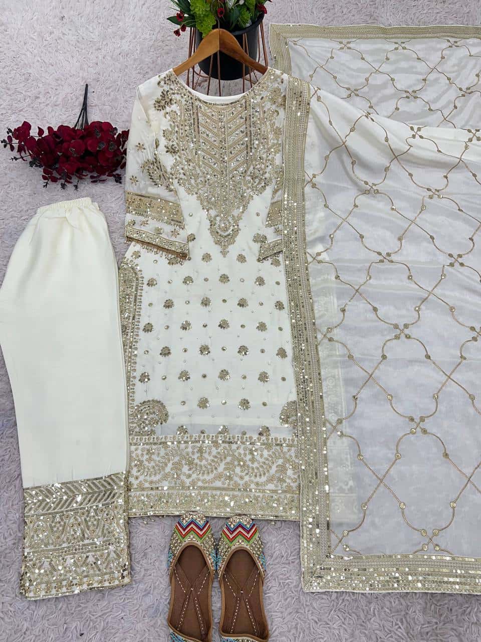 New Collection In heavy Chinnon With Heavy Embroidery Sequence Work Top-Bottom And Dupatta Set Fully Stitched Ready To Wear