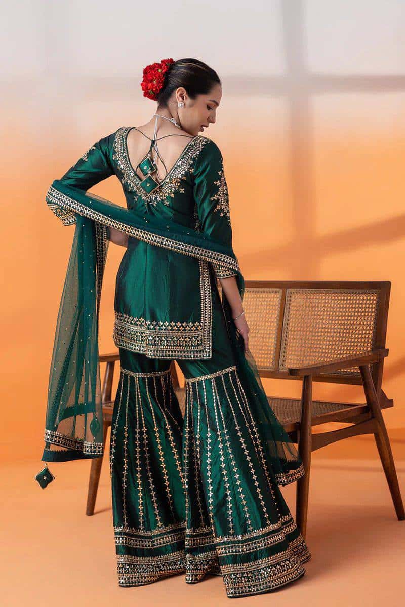Heavy embroidered chinnon silk kurta sharara with net dupatta sets