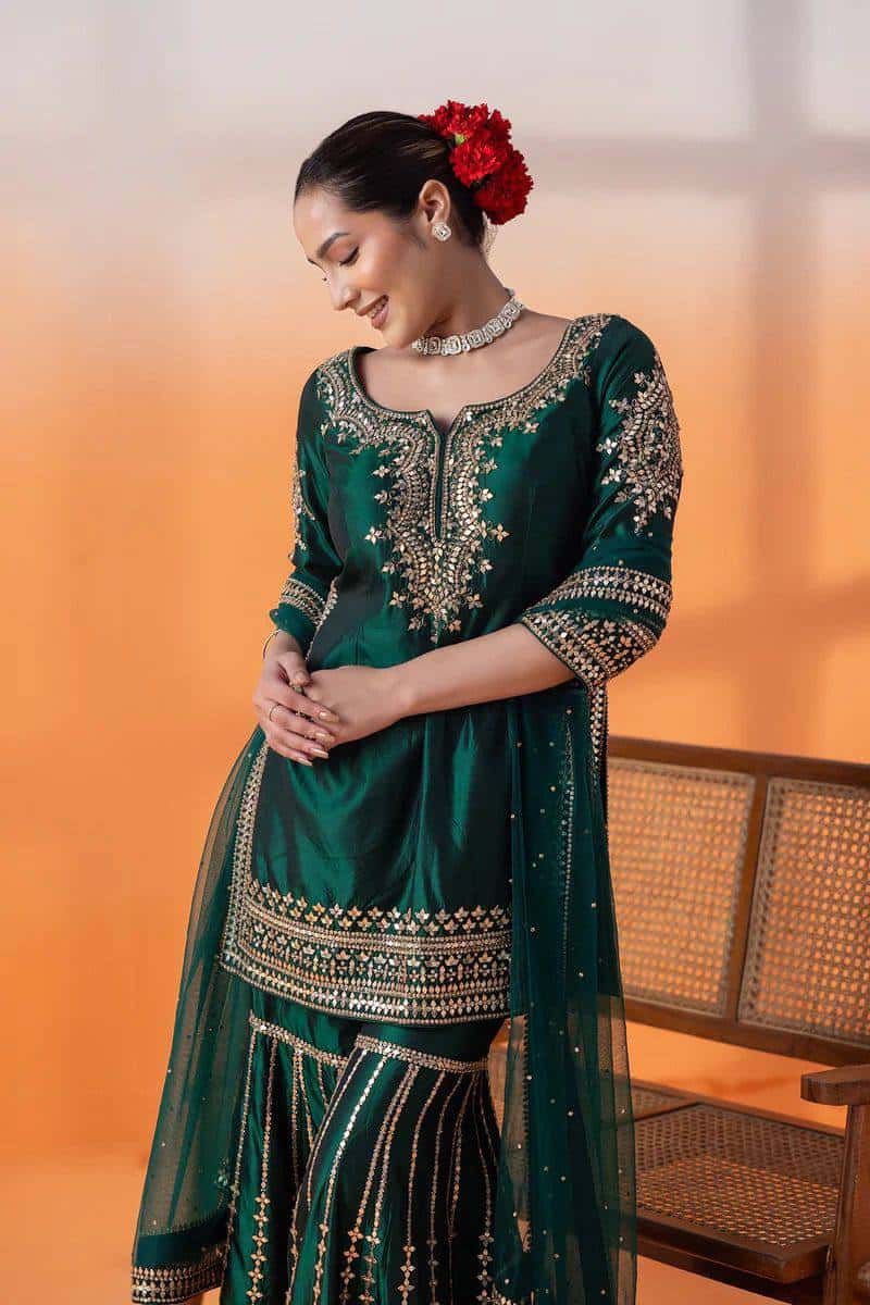 Heavy embroidered chinnon silk kurta sharara with net dupatta sets