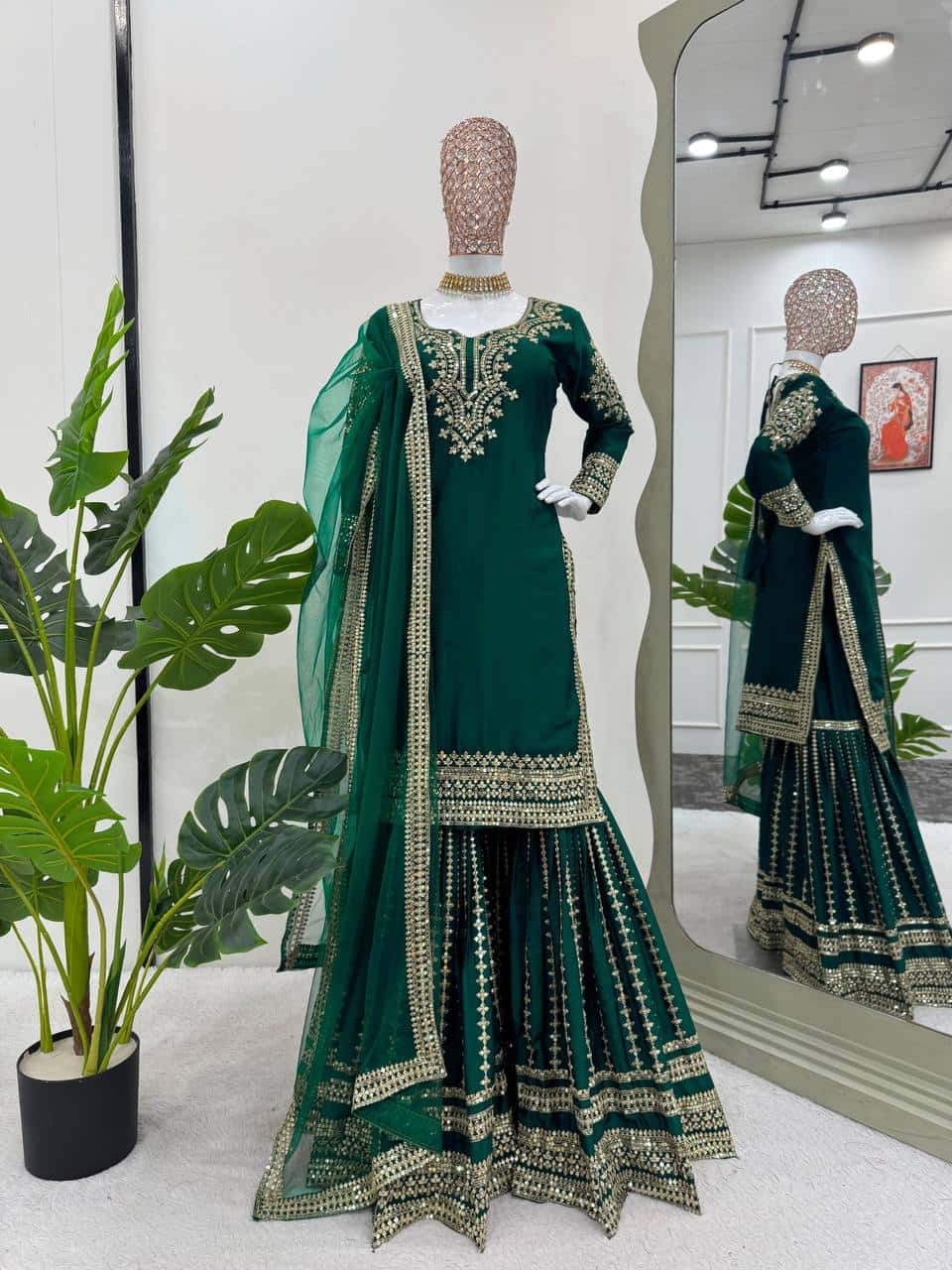 Heavy embroidered chinnon silk kurta sharara with net dupatta sets