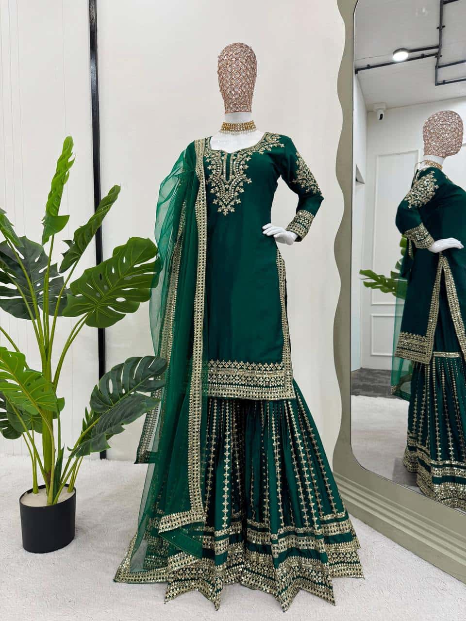Heavy embroidered chinnon silk kurta sharara with net dupatta sets
