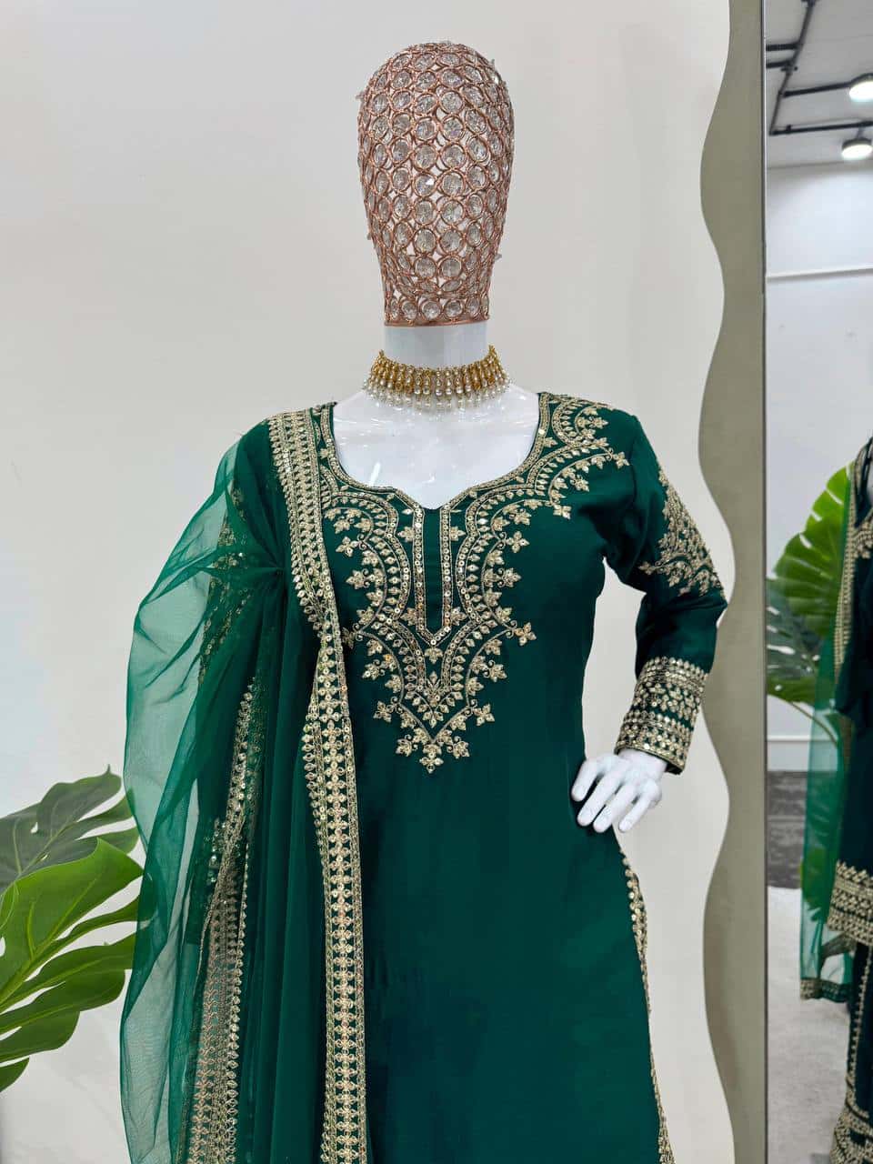 Heavy embroidered chinnon silk kurta sharara with net dupatta sets