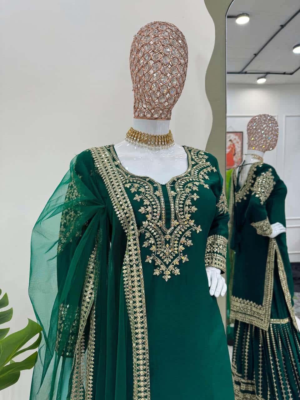Heavy embroidered chinnon silk kurta sharara with net dupatta sets