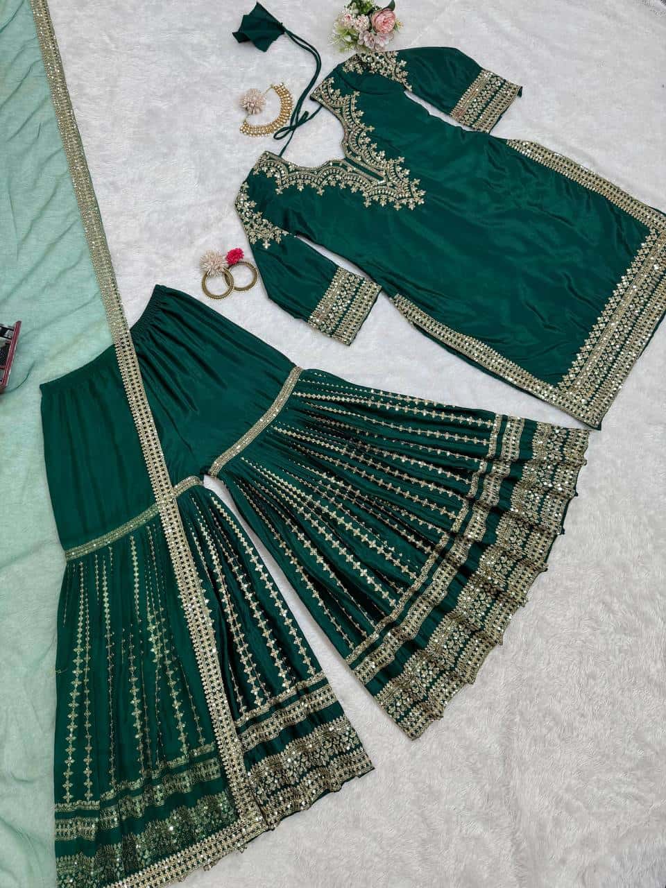 Heavy embroidered chinnon silk kurta sharara with net dupatta sets