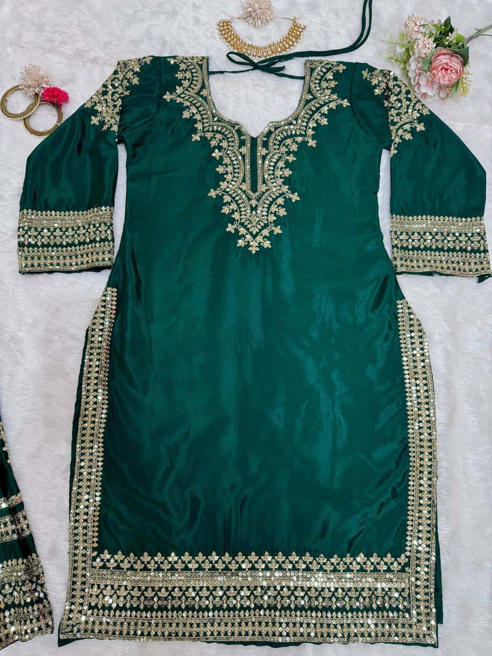Heavy embroidered chinnon silk kurta sharara with net dupatta sets