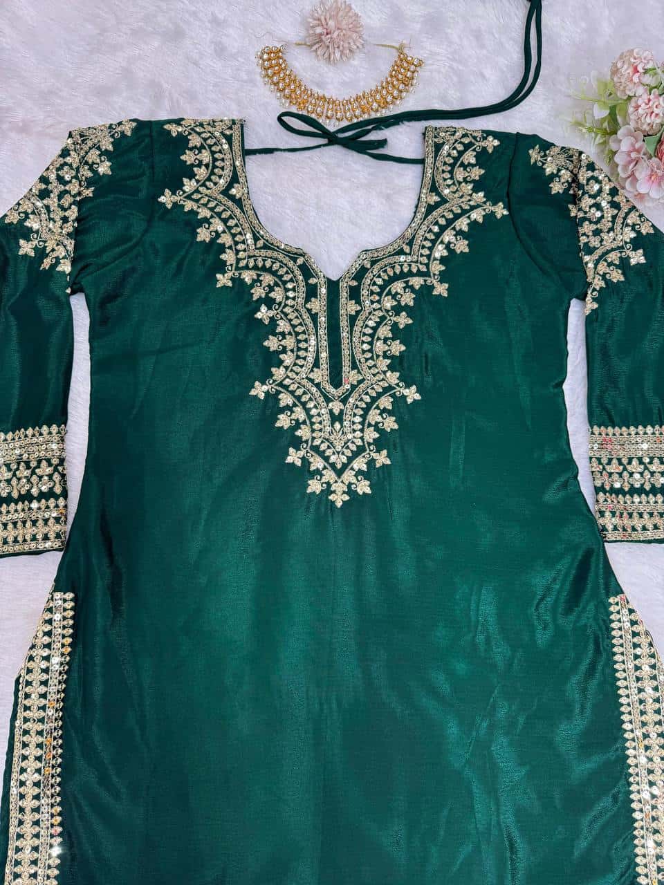 Heavy embroidered chinnon silk kurta sharara with net dupatta sets