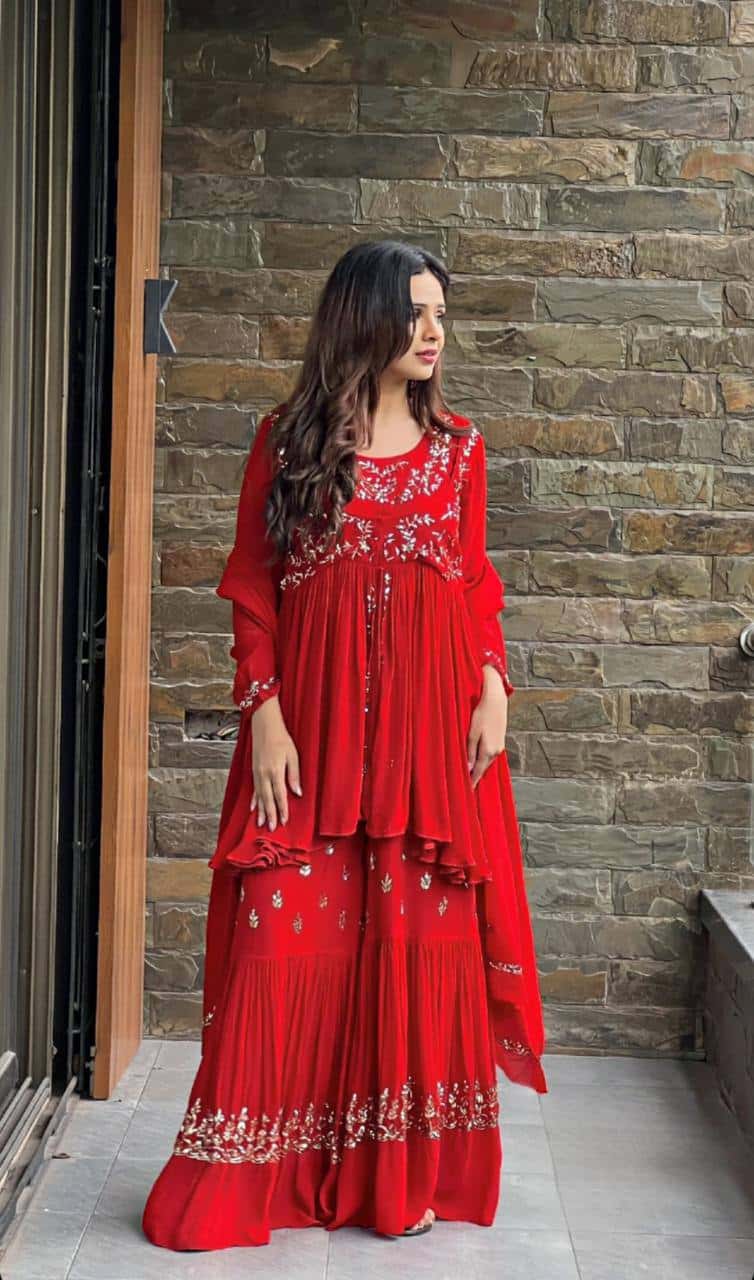 Women's designer Red front cut thread work kurta sharara sets