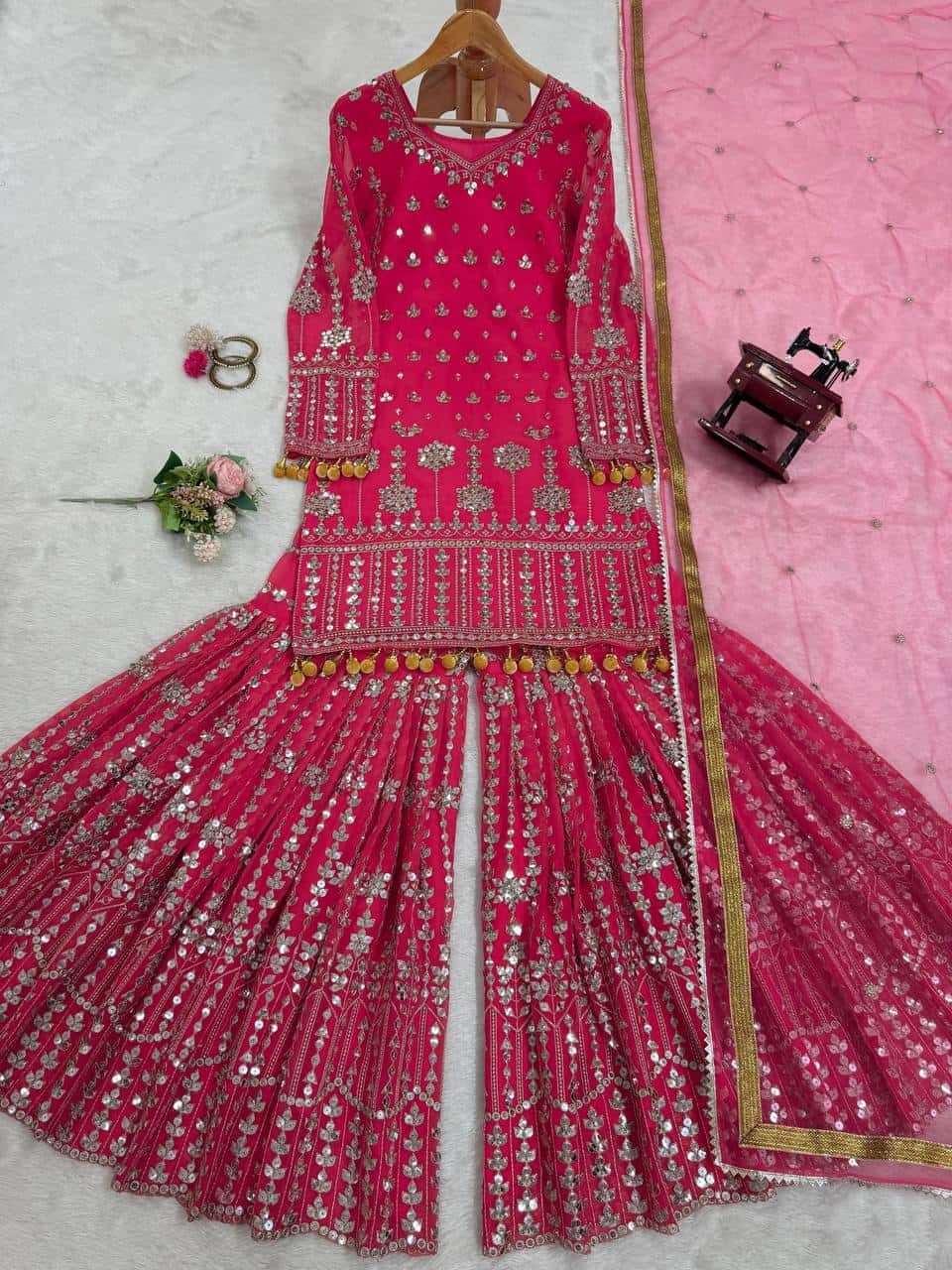 wedding special Heavy sequence work georgette kurta sharara with dupatta sets