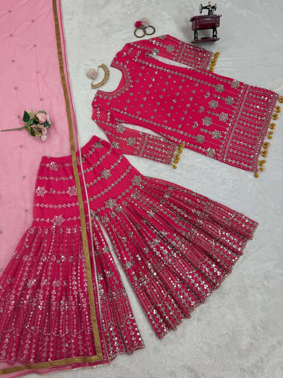 wedding special Heavy sequence work georgette kurta sharara with dupatta sets