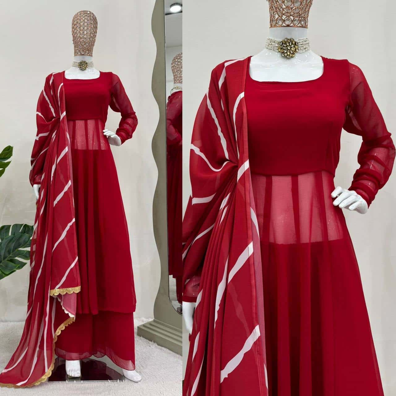 Faux georgette anarkali gown palazzo with digital print dupatta sets