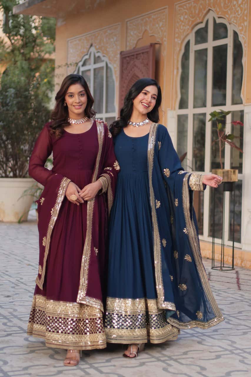 Faux blooming embroidered gown with dupatta set