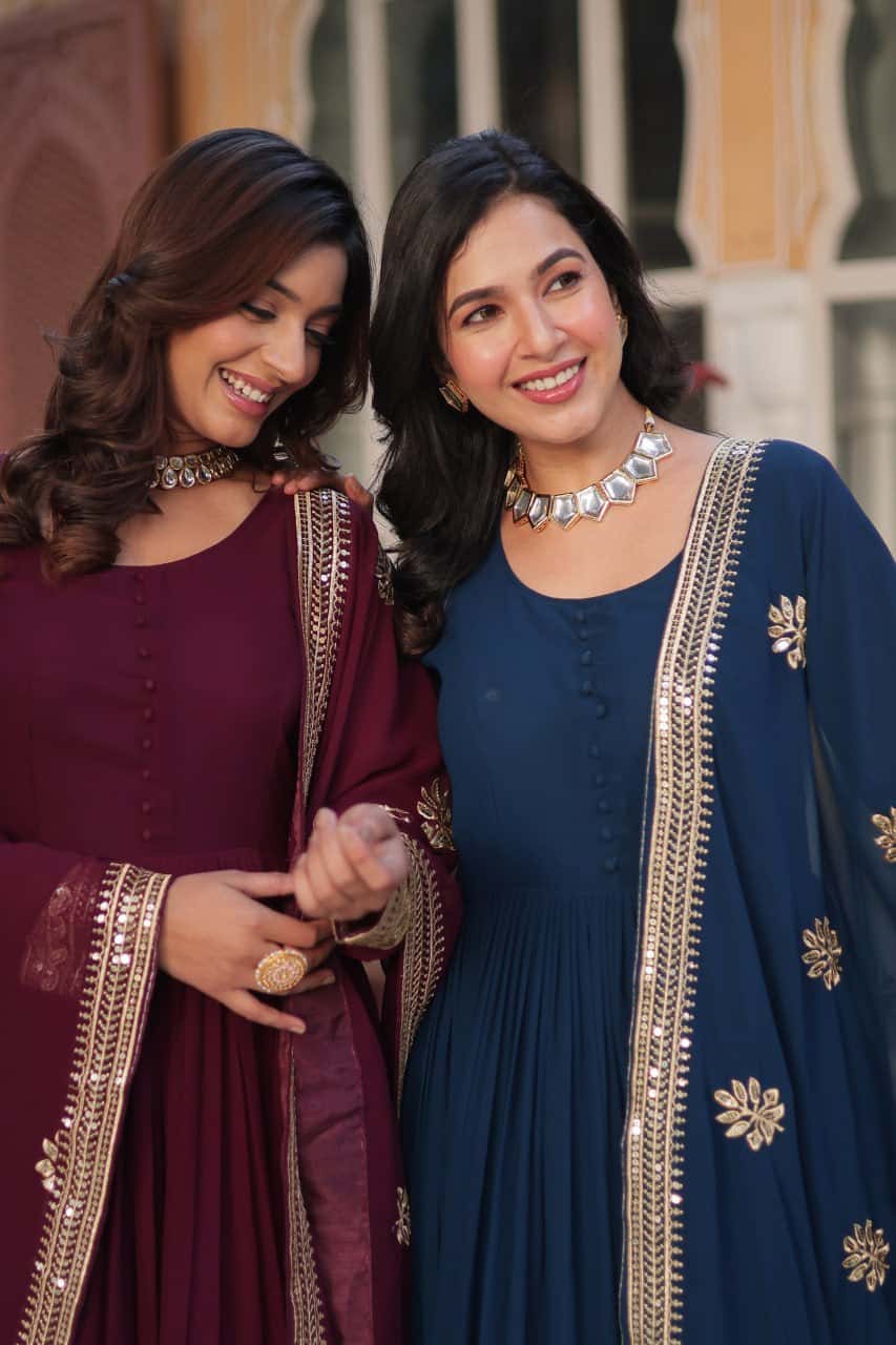 Faux blooming embroidered gown with dupatta set