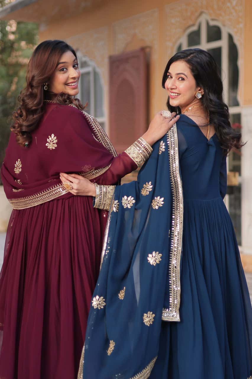 Faux blooming embroidered gown with dupatta set