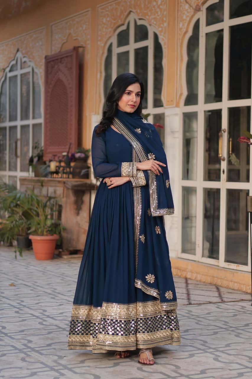 Faux blooming embroidered gown with dupatta set