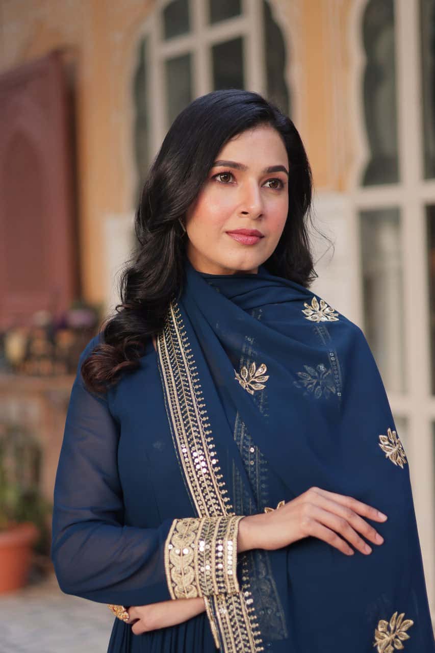 Faux blooming embroidered gown with dupatta set