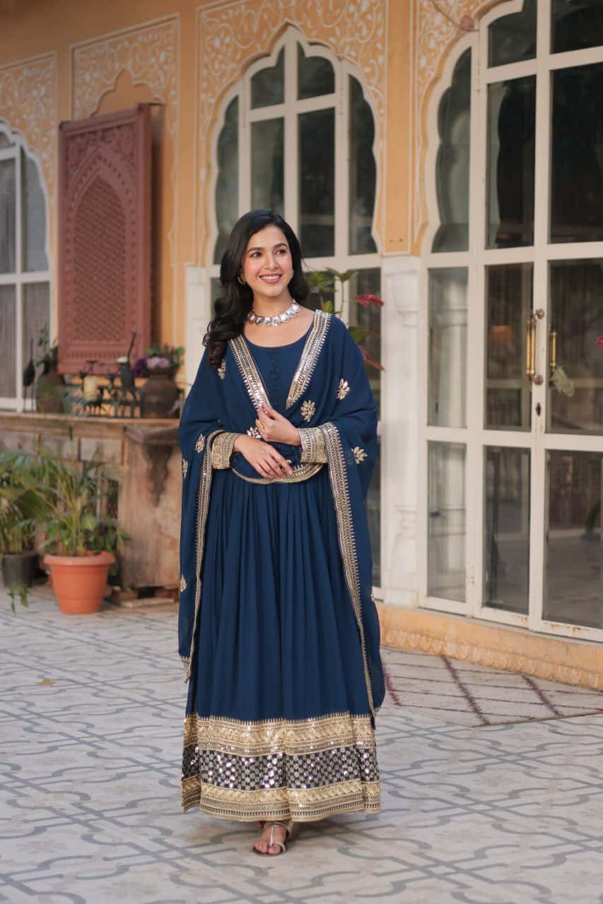Faux blooming embroidered gown with dupatta set