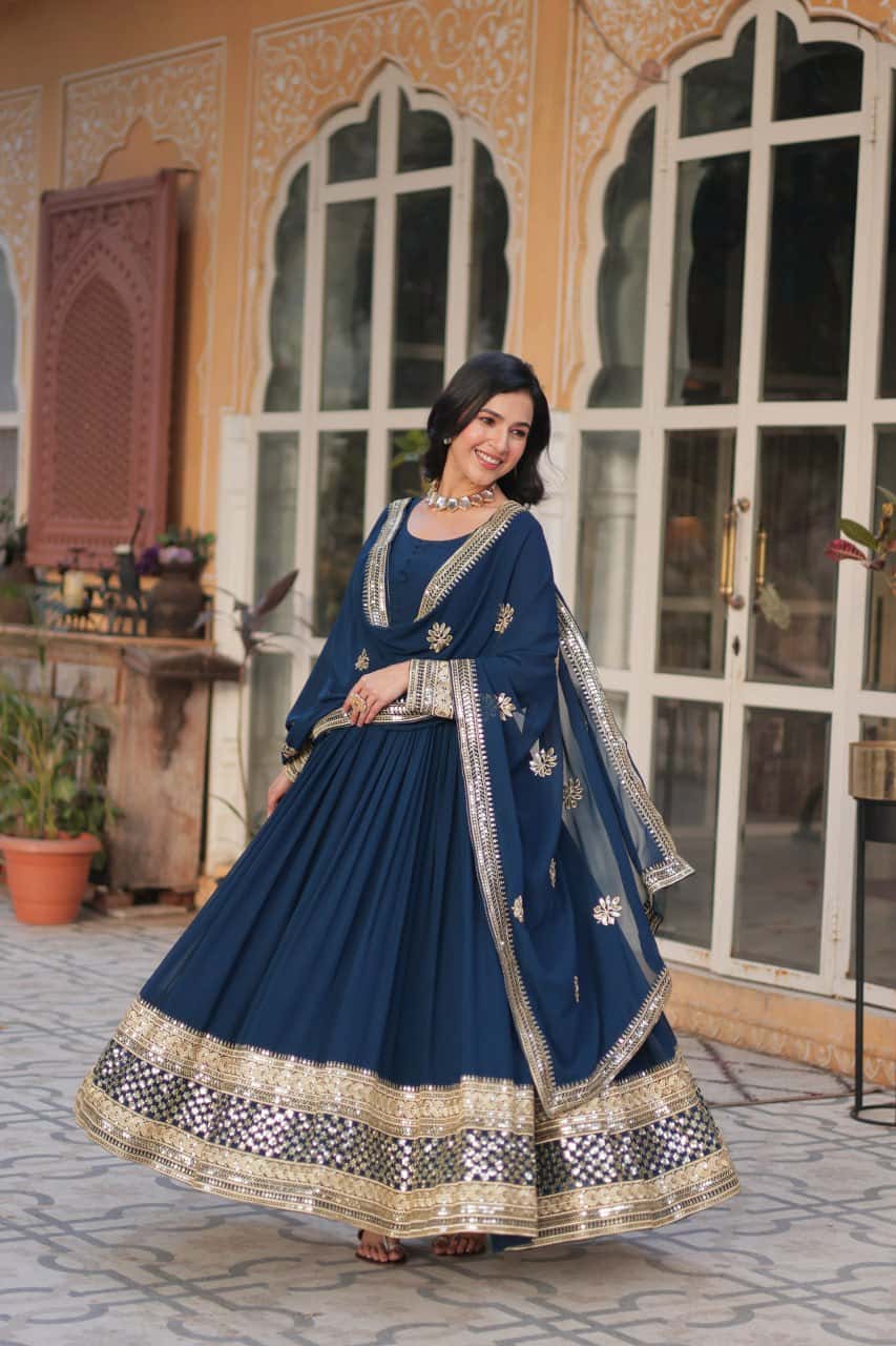 Faux blooming embroidered gown with dupatta set