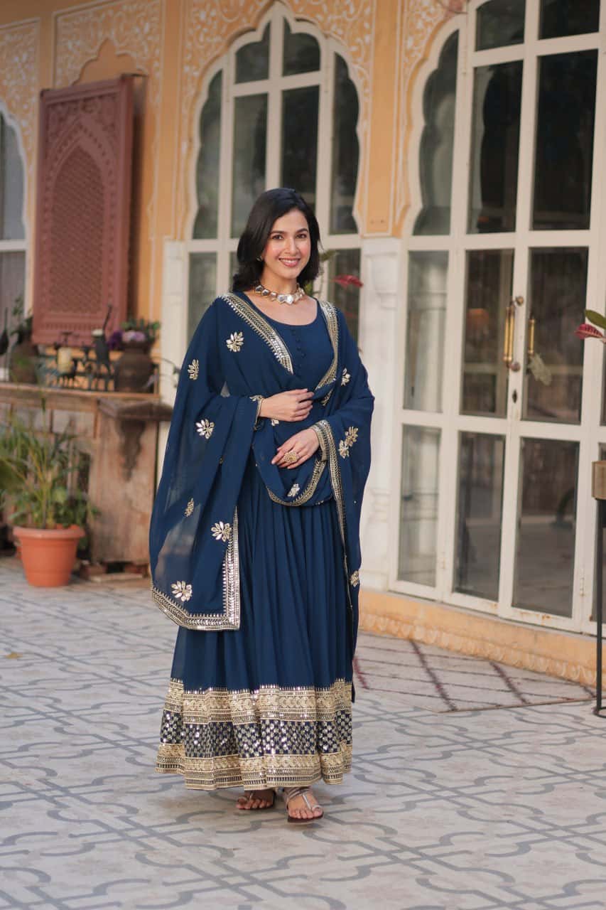 Faux blooming embroidered gown with dupatta set
