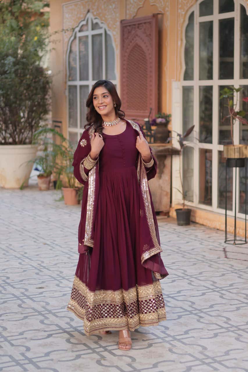 Faux blooming embroidered gown with dupatta set