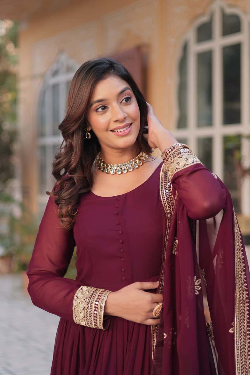 Faux blooming embroidered gown with dupatta set