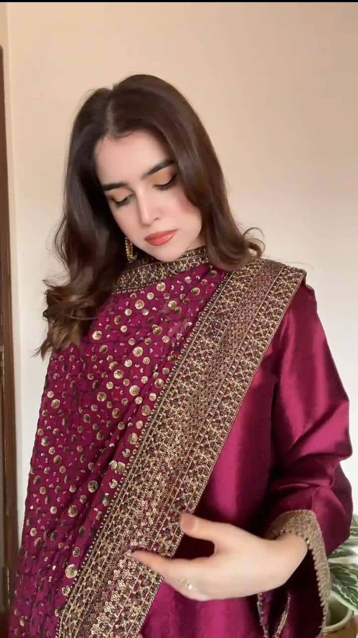 Solid Monsoon silk kurta pant with heavy thread work dupatta sets
