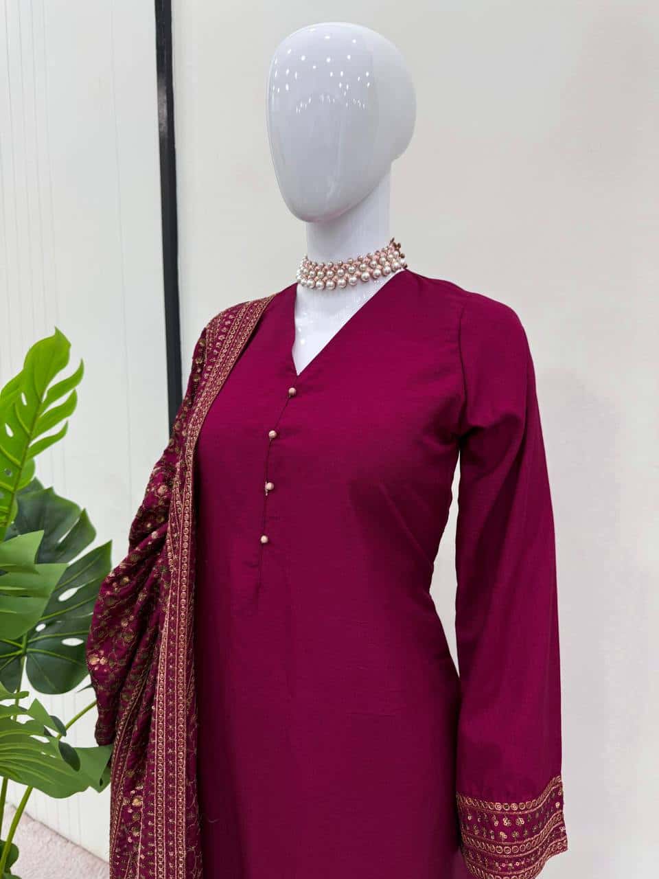 Solid Monsoon silk kurta pant with heavy thread work dupatta sets