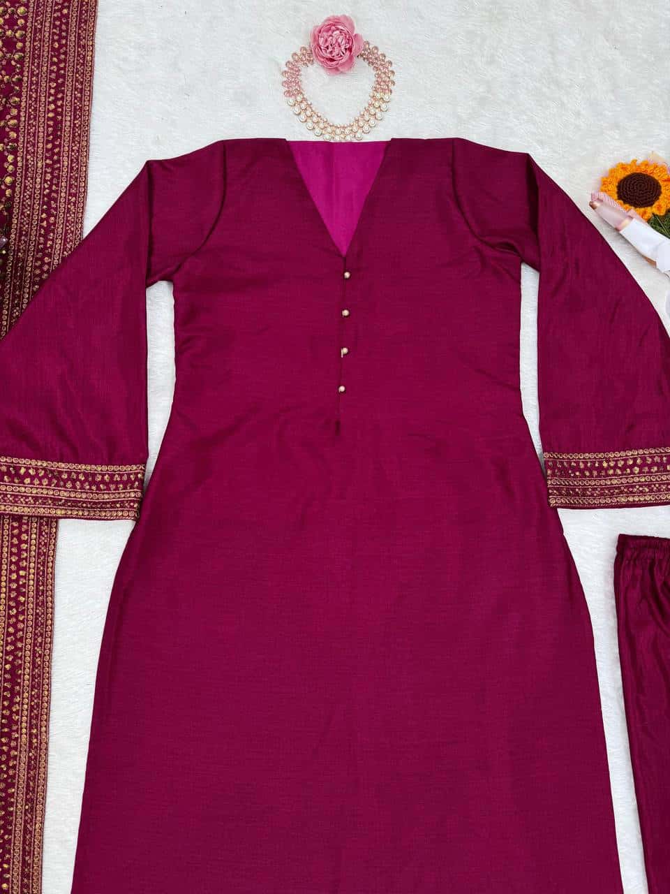 Solid Monsoon silk kurta pant with heavy thread work dupatta sets