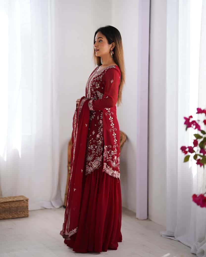 Red and blue thread embroidery work readymade stitch salwar suit