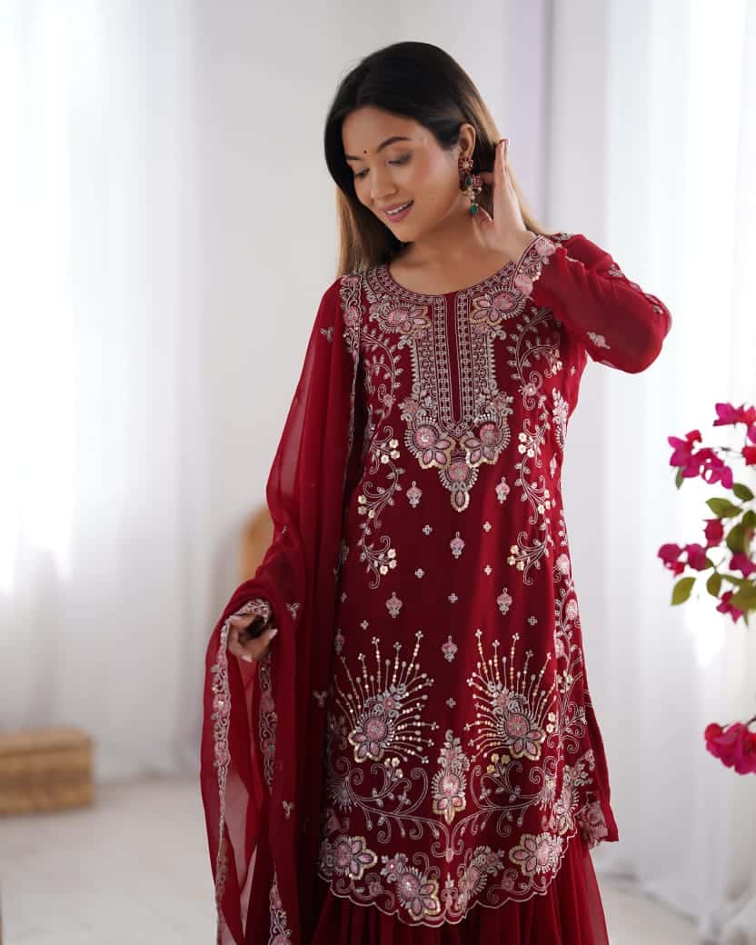 Red and blue thread embroidery work readymade stitch salwar suit