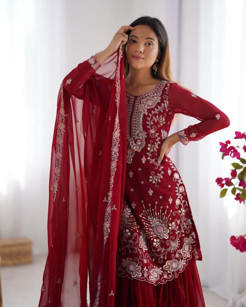 Red and blue thread embroidery work readymade stitch salwar suit