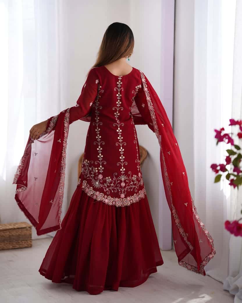 Red and blue thread embroidery work readymade stitch salwar suit