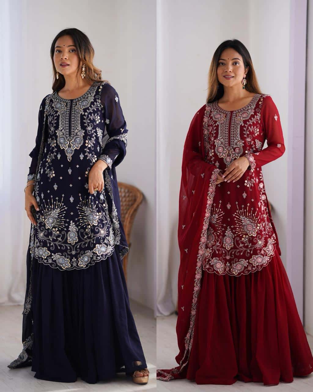 Red and blue thread embroidery work readymade stitch salwar suit