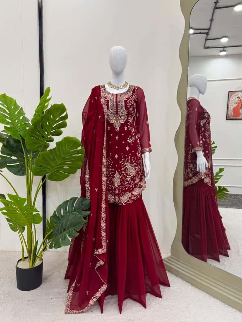 Red and blue thread embroidery work readymade stitch salwar suit