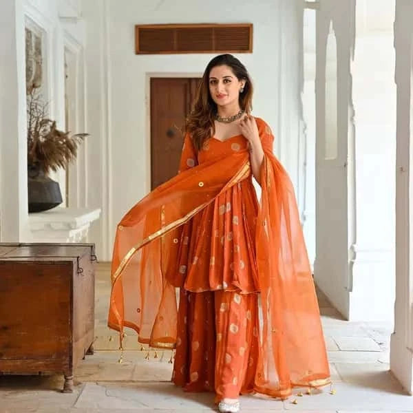 Gold Print Short Kurta and Sharara with Dupatta Set