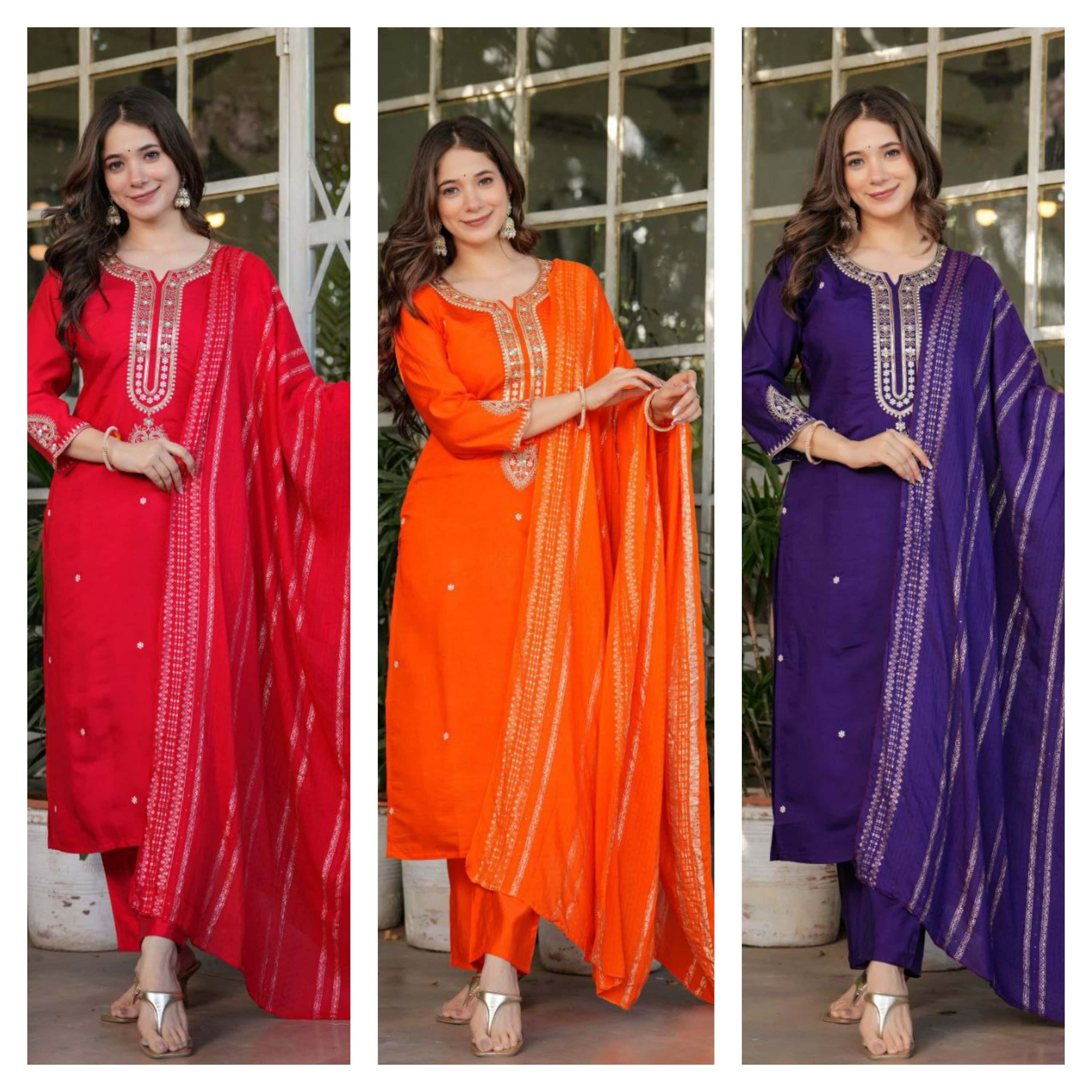 "Elegant Viscose Chanderi Kurti Set with Embroidered Sequins & Jacquard Dupatta"