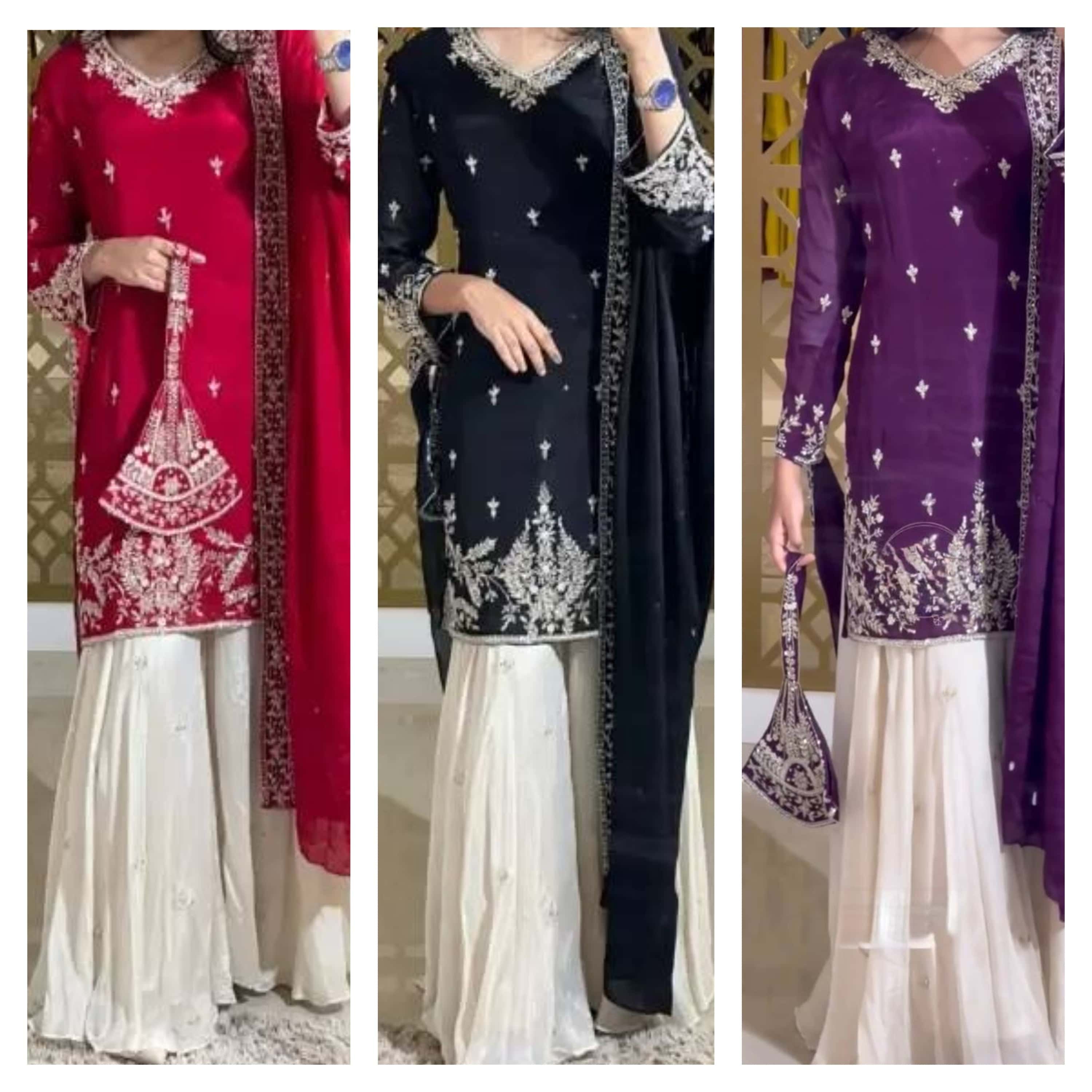 "Elegant Heavy Pur Chinon Silk Embroidered Suit Set with Sequence Work, Moti Latkan Border, and Matching Plazzo & Dupatta"