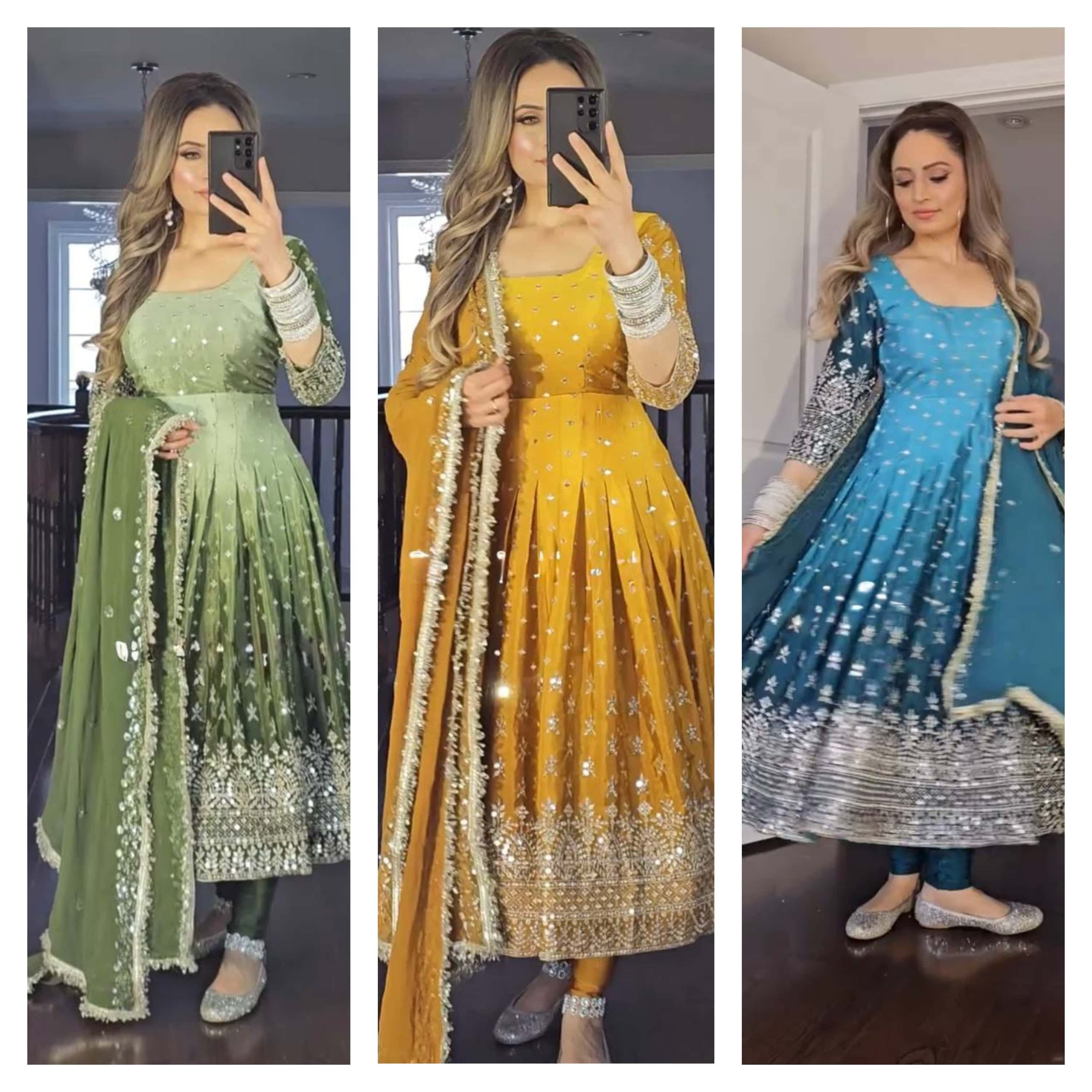 "Luxury Heavy Pur Chinon Silk Anarkali Set with Embroidery and Tassels"