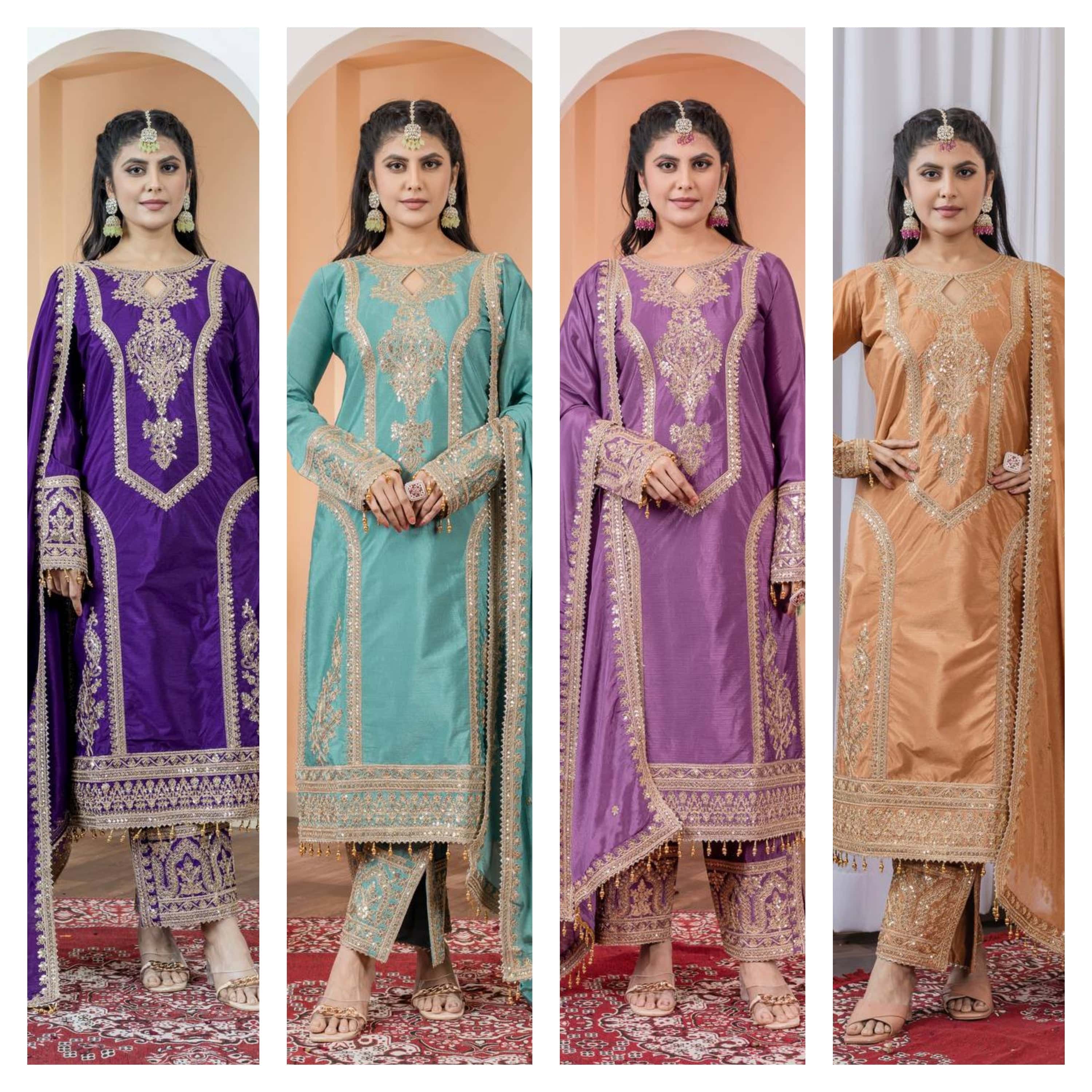 "Elegant Heavy Chinon Silk Embroidered Suit Set with Sequins, Dori Work & Fancy Latkan"