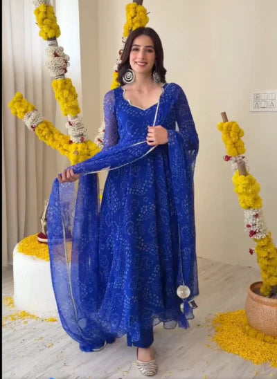 Blue Georgette Bandhani Print Anarkali Suit Set